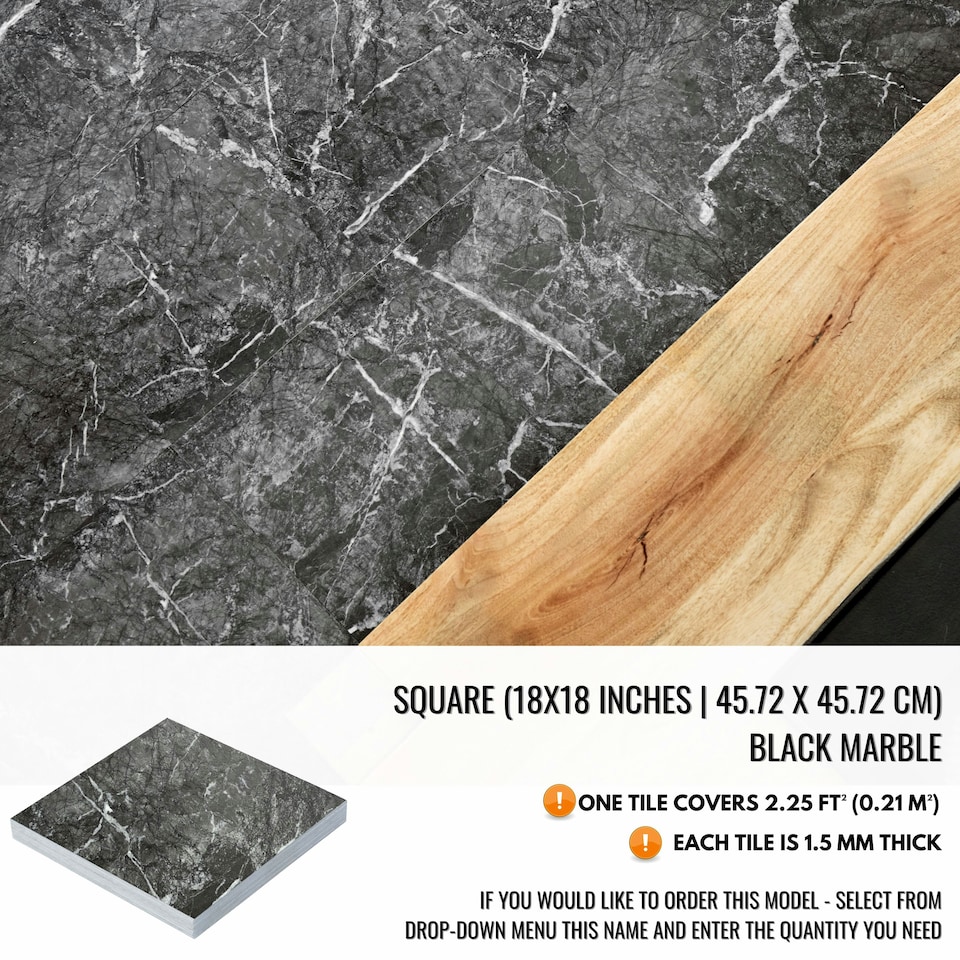 image 1 of NOVECRAFTO Black Self Adhesive Vinyl Floor Tiles - 12”x24” (30.48x60.96cm) - Large Peel & Stick Waterproof Marble Effect Flooring - Pack of Tiles Black | 3.71 sqm