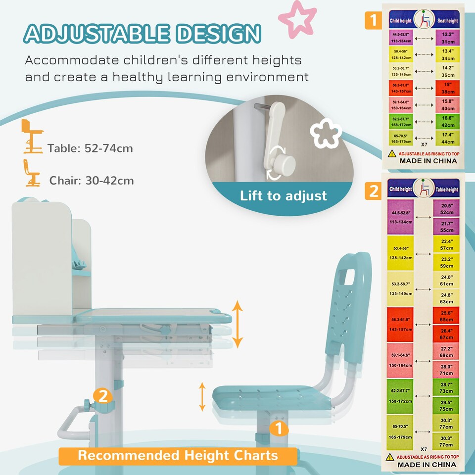 image 1 of ZONEKIZ Height Adjustable Kids Desk and Chair Set, with Drawer, Bookshelf, Blue Blue