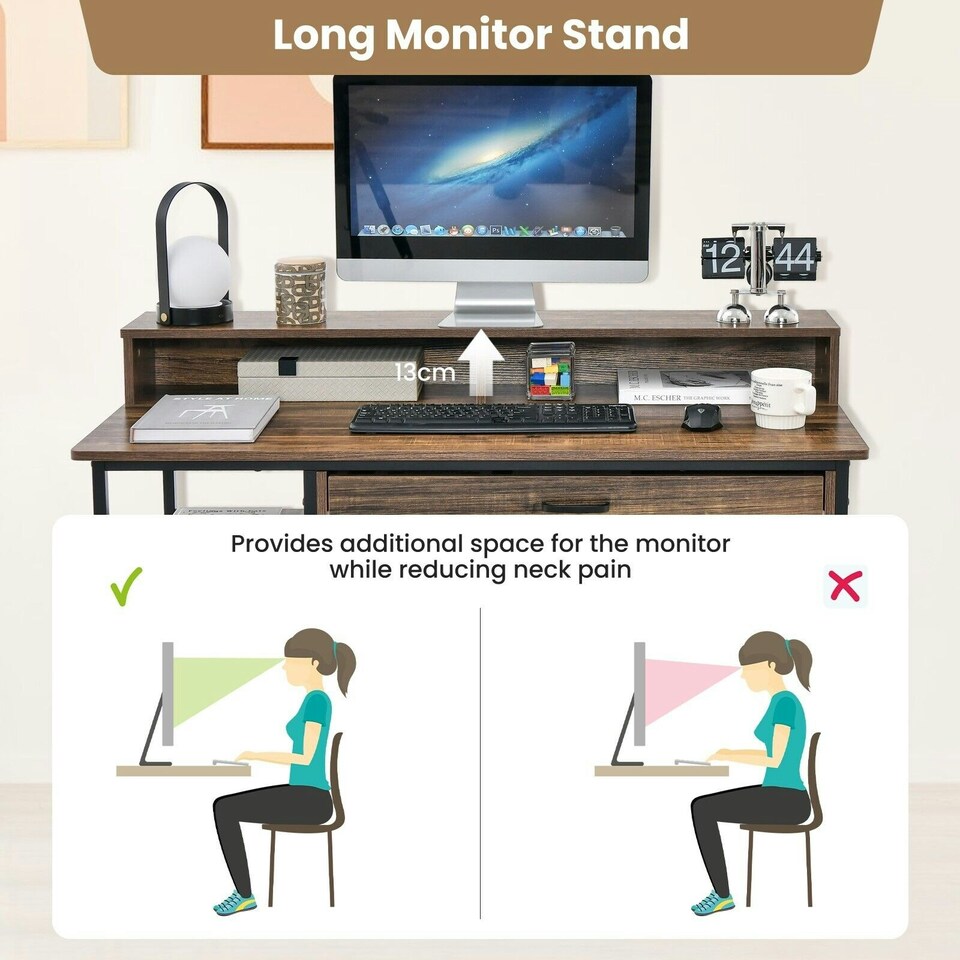 image 1 of COSTWAY Computer Desk Writing Workstation w/Storage Drawer Brown