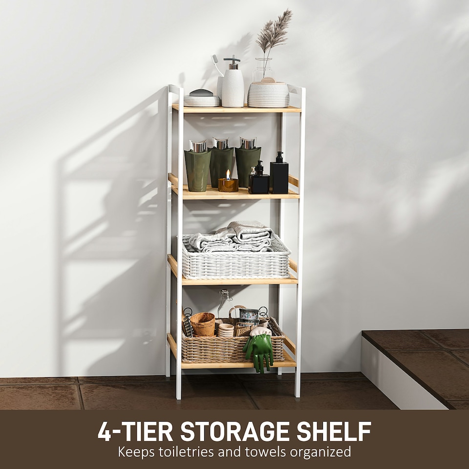 image 1 of HOMCOM 4-Tier Bamboo Bathroom Shelf with Adjustable Rack, Natural, White