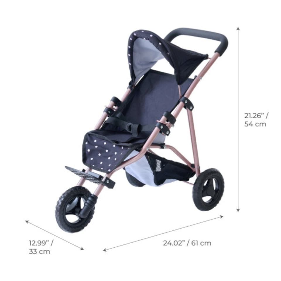image 1 of Teamson Kids Jogging Doll Stroller in Black with Pink Polka Dots, Adjustable Canopy, Secure Harness, Storage Basket & Soft Handle
