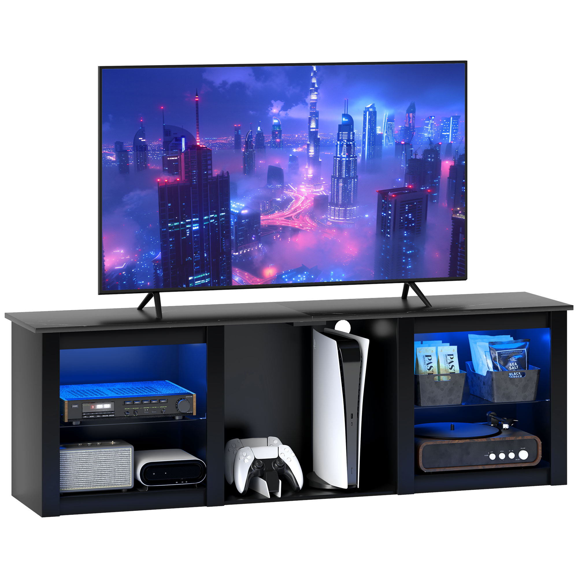 HOMCOM TV Unit with LED Lights for TV up to 70 Inch, 160cm TV Stand Cabinet with Adjustable Glass Shelves, Open Compartments for Gaming Consoles, TV Cabinet for Living Room, Bedroom, Black