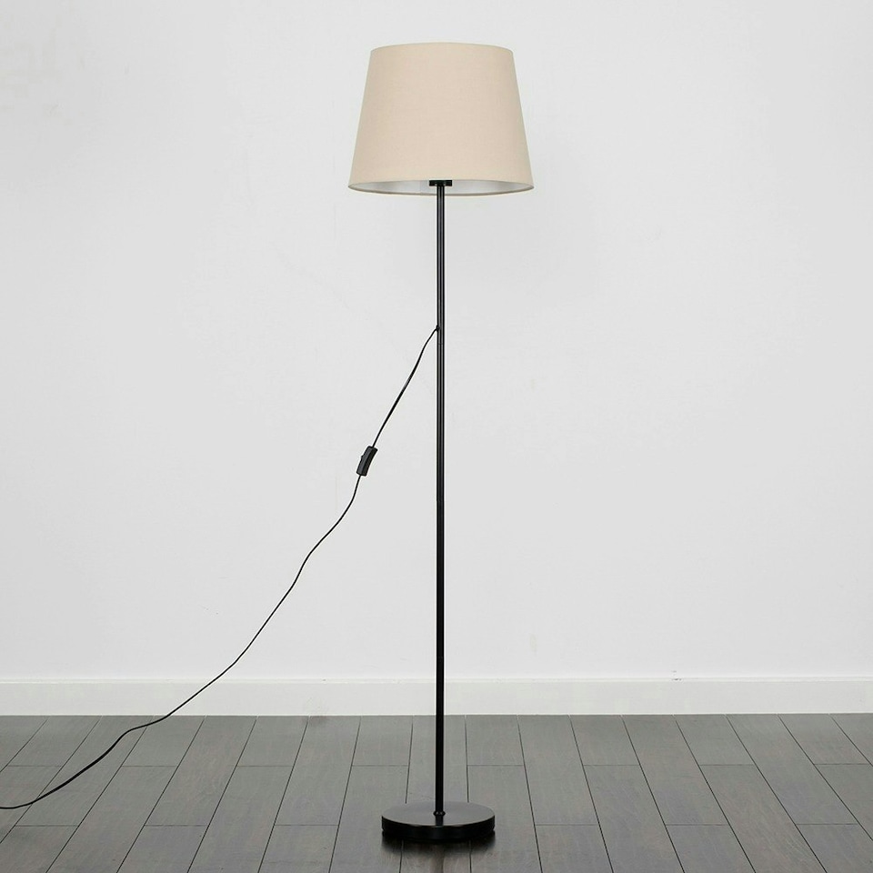 image 1 of ValueLights Modern Floor Lamp In Black Metal Finish With Large Beige Light Shade