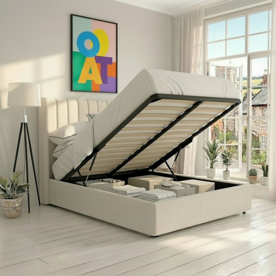 image 1 of Daresbury Winged Headboard Fabric Upholstered Ottoman Storage Bed Frame | Cream | Natural | Double