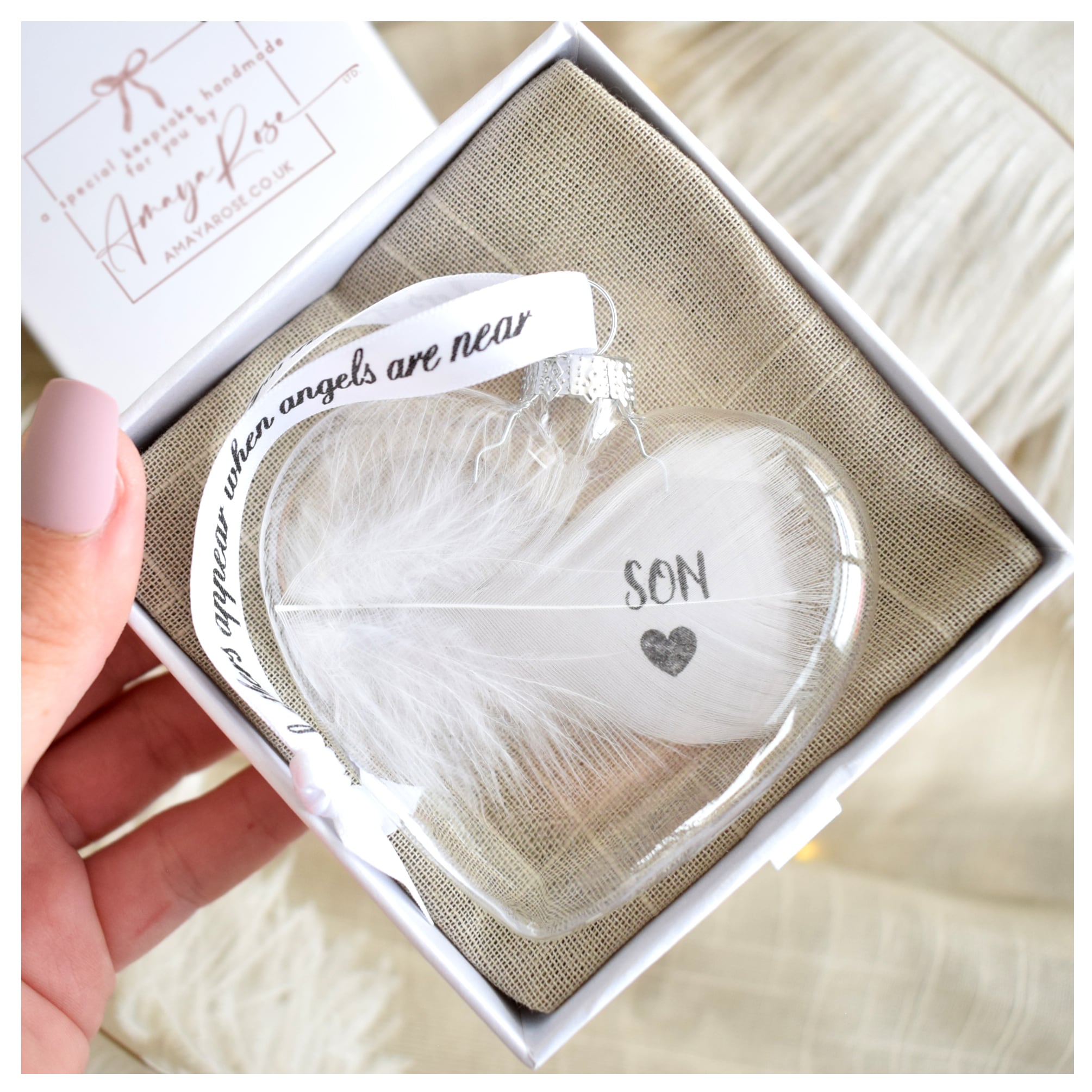 Amaya Rose Ltd In Memory of Son Heart Feather Bauble Remembrance Gift Boxed Keepsake in Clear