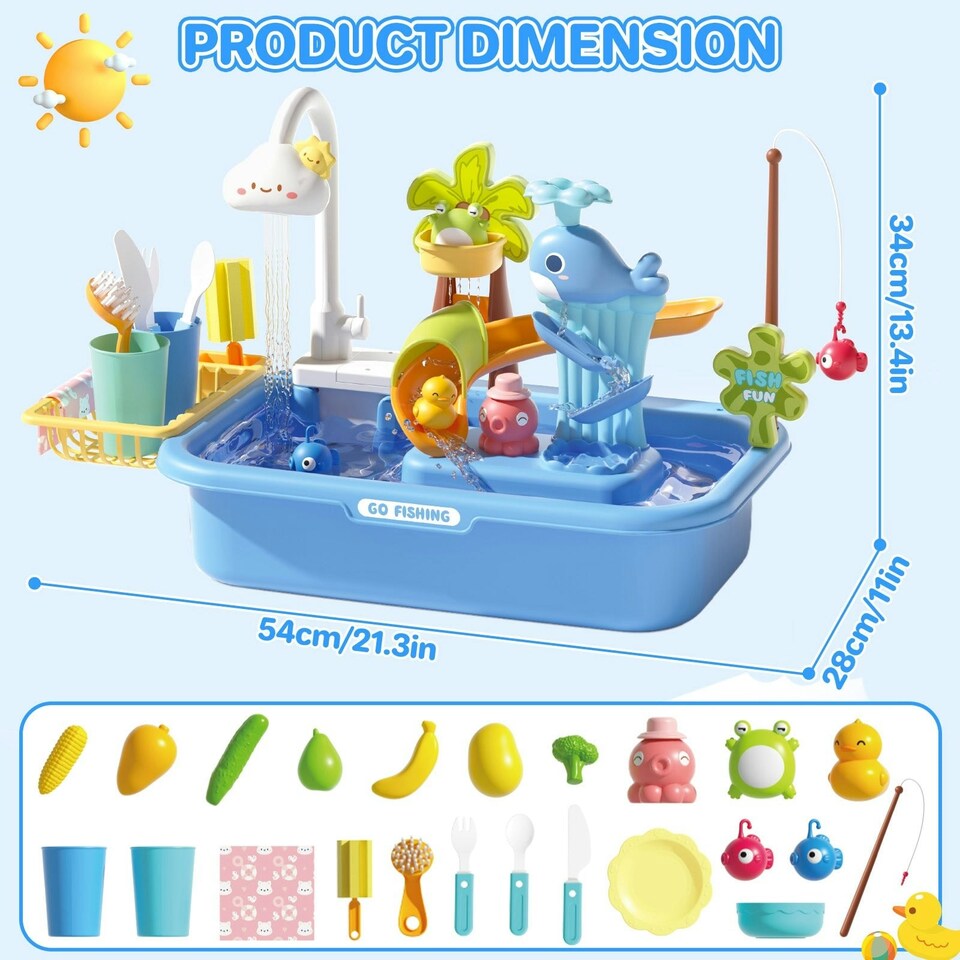 image 1 of Pretend Play Kitchen Sink with Real Running Water 4-in-1 Water Play Table (Blue)