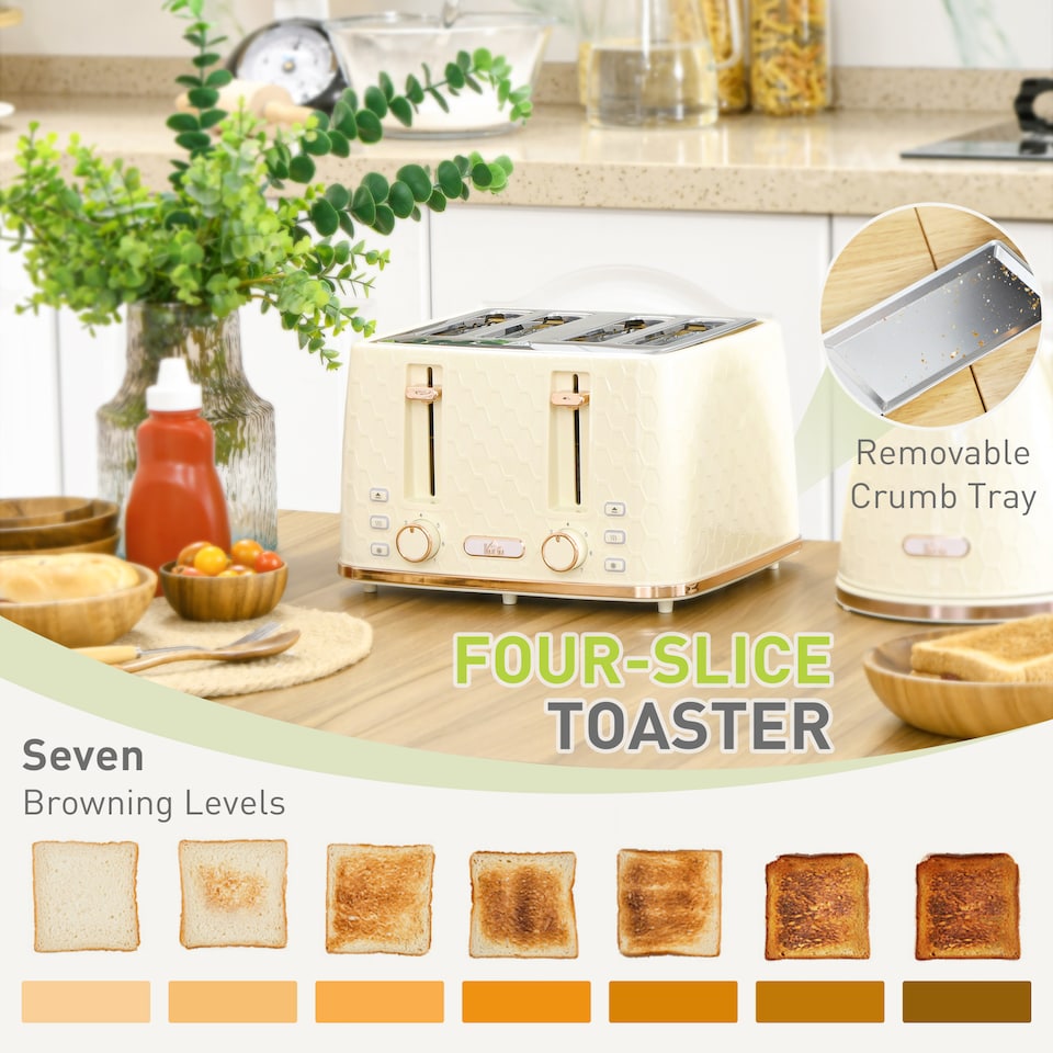 image 1 of HOMCOM Kettle and Toaster Set, 1.7L 3000W Fast Boil Jug Kettle with Auto Shut Off, 4 Slice Toaster with 7 Level Browning Controls & Crumb Tray, UK Otter Thermostat, Beige