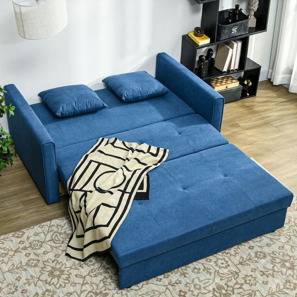 image 1 of HOMCOM 2 Seater Sofa Bed Convertible Bed Settee w/ 2 Cushions Storage Blue