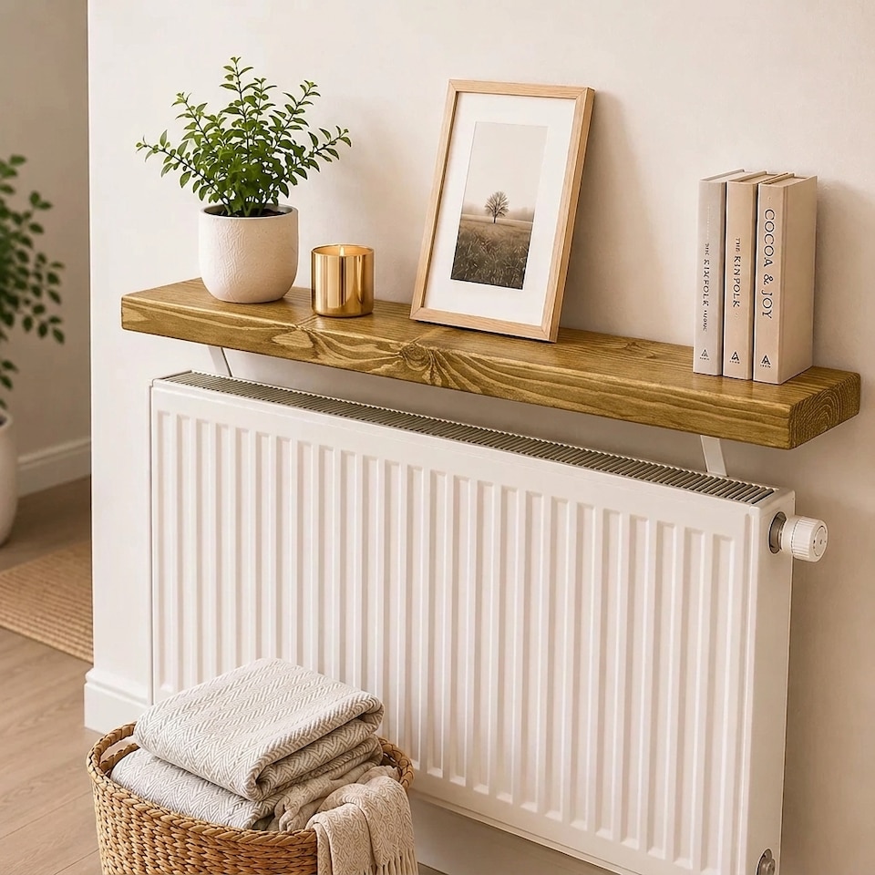 image 1 of MKGT Solid Wood Radiator Shelf with No-Drill Brackets, Handmade in UK, Dark Oak – 50cm