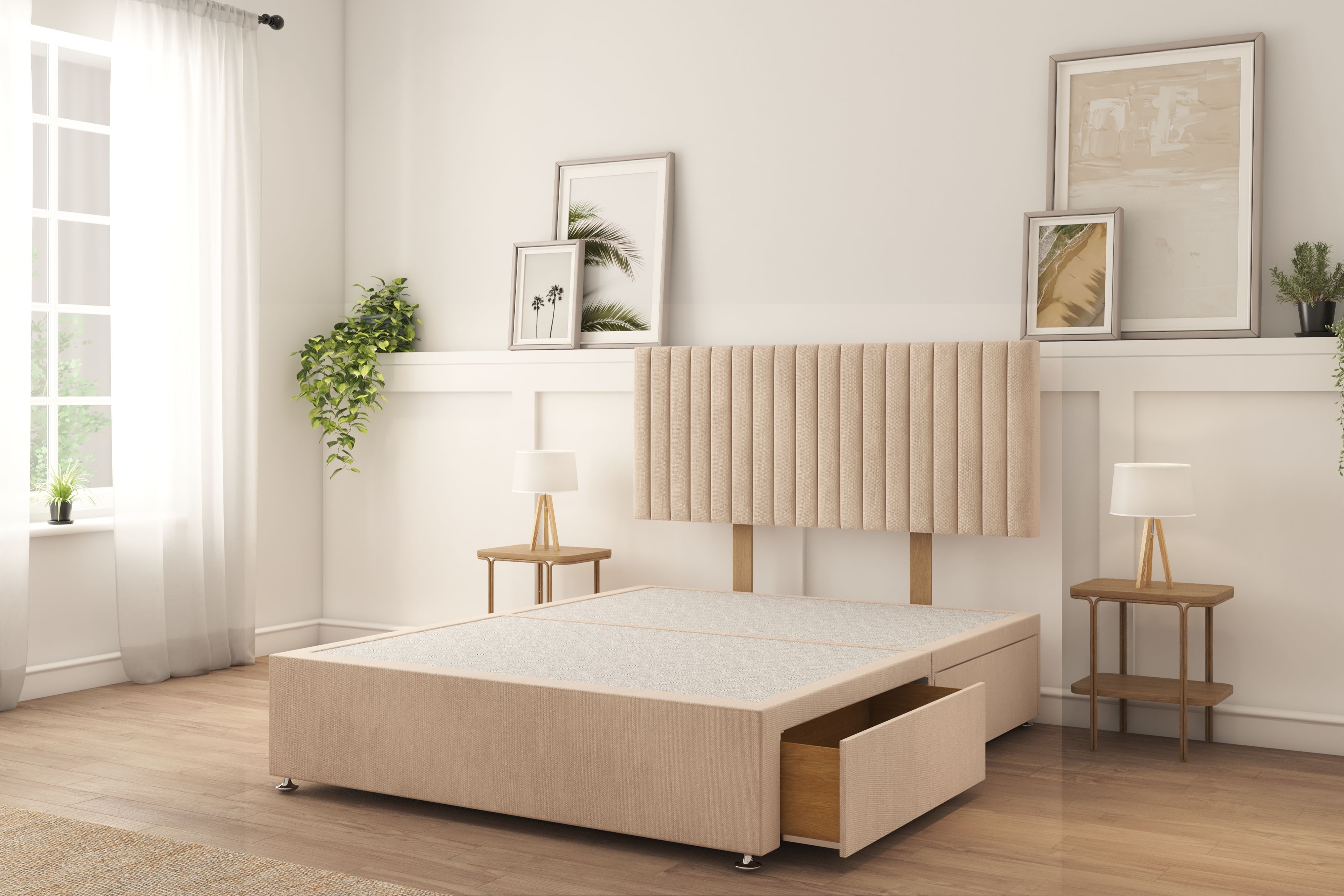 Sloomy Manhattan Sand Naples Divan Bed Base 2 Drawers Foot-End With 26" Strutted Headboard 4'6 Double
