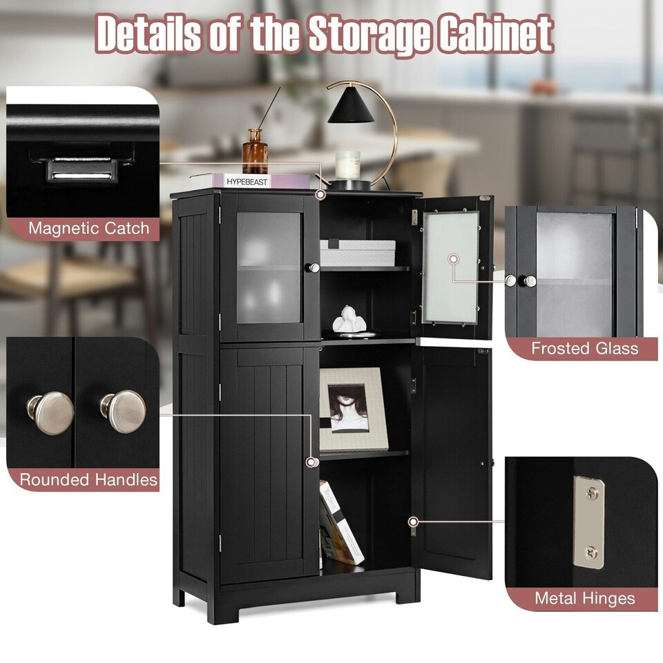 image 1 of COSTWAY 4-Door Bathroom Floor Cabinet Storage Cabine Black Black