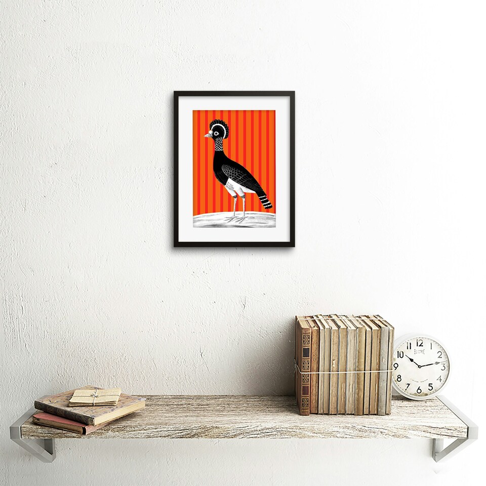 image 1 of Crowned Crane Orange Stripes Modern Bold Animal 9x7" Black Framed Wall Art Print