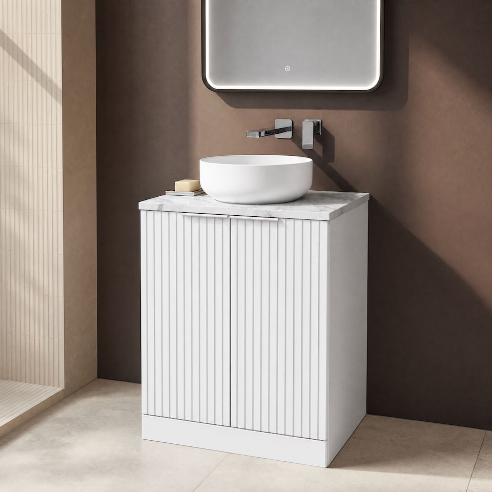 image 1 of Balterley Callingwood Contemporary Floor Standing 2 Door Vanity Unit with Carrera Marble Laminate Worktop , 600mm, Matt White