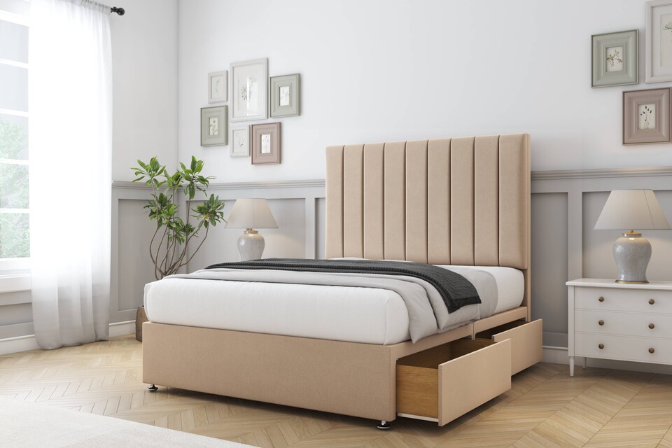 image 1 of Sloomy Kansas Pebble Plush Divan Bed Base 2 Drawers Same Side With 26 Inch Strutted Headboard | Brown | Pebble | King | 1