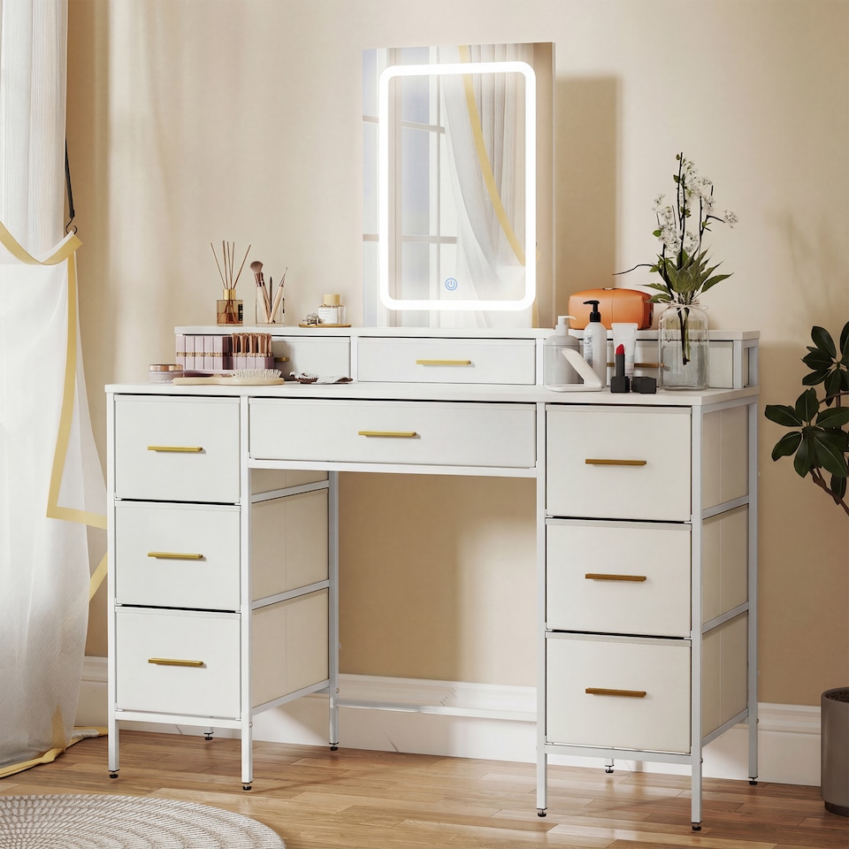 image 1 of HOMCOM Dressing Table with LED Lighting Mirror and 10 Drawers, White | Black