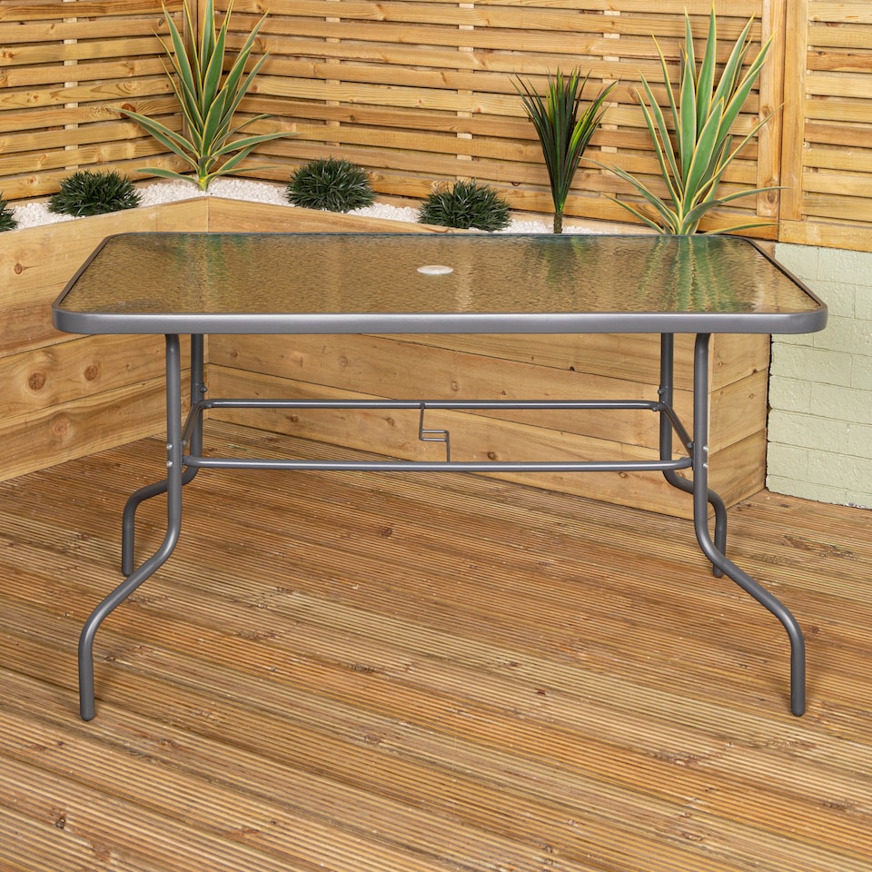 image 1 of Samuel Alexander Outdoor 6 Seater Glass Top Table and Chairs Patio Set with Parasol in Grey