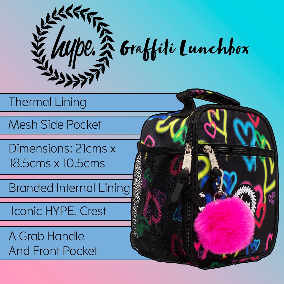 image 1 of Kids Lunch Box Black Graffiti Hearts | Thermal Insulated School Bag 4.5L | Black | Black | One Size | 1