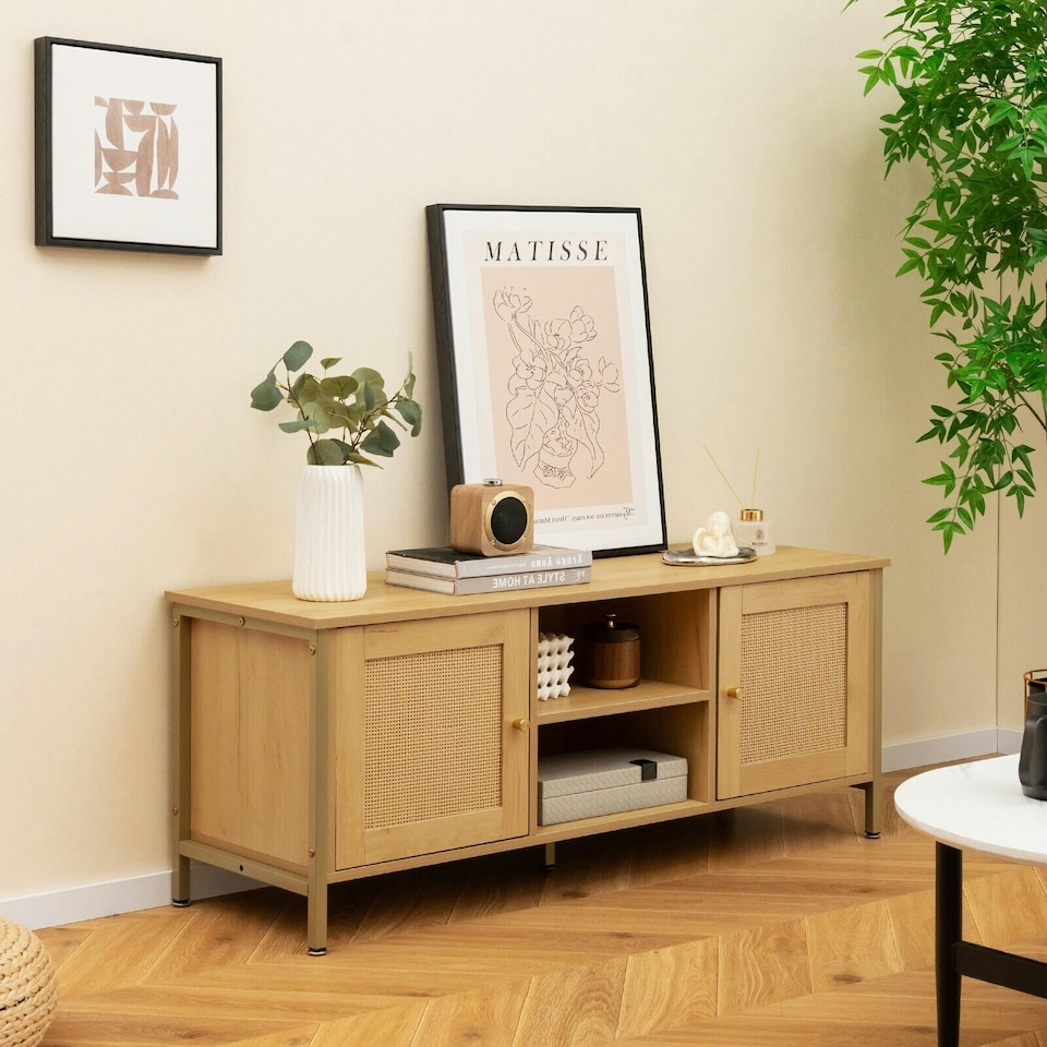 image 1 of COSTWAY Boho TV Stand for 55 Inches Entertainment Center Natural Gold