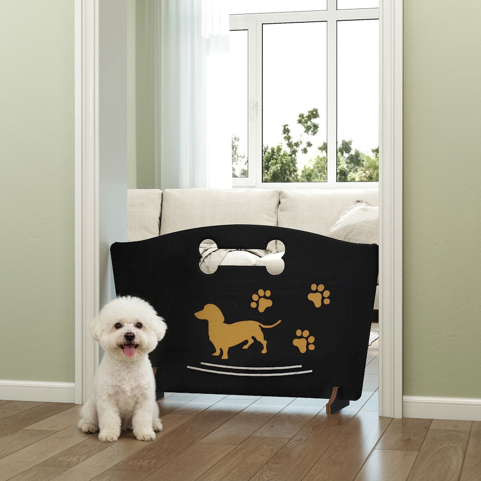 image 1 of PawHut Wooden Dog Stopper, Dog Barrier for Stairs, Patio, Indoors, Freestanding Pet Gate with Support Feet, Very Easy Setup, Lightweight, Black, 75 x 51 cm