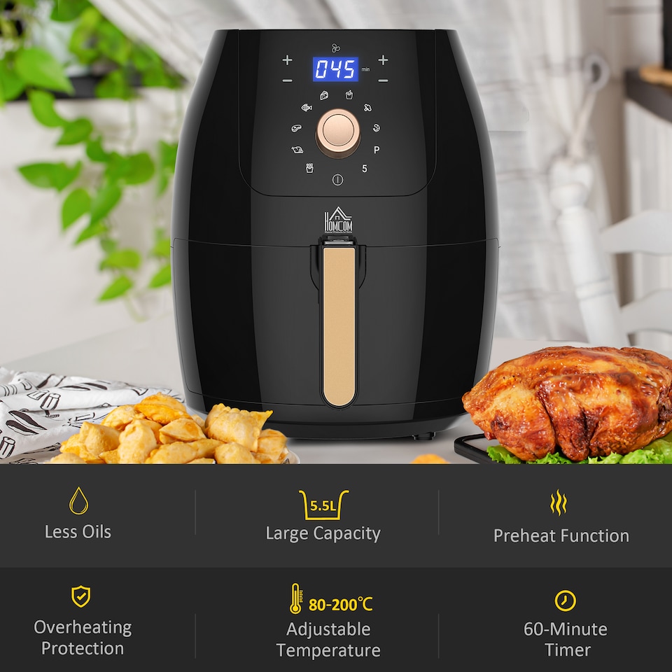 image 1 of HOMCOM Air Fryer 5.5L 1700W with Digital Display Rapid Air Circulation Adjustable Temperature 60Min Timer Preheat Dishwasher Safe Basket for Healthy Oil Free Low Fat Cooking, Black & Rose Gold