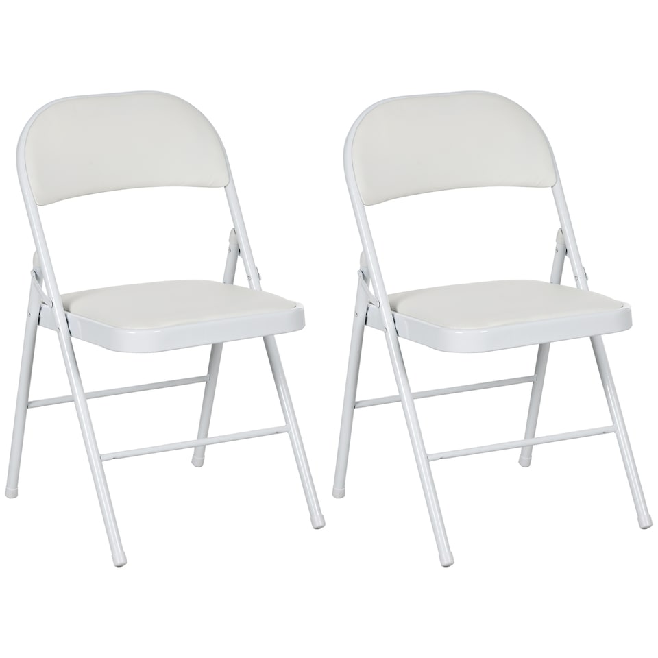 image 1 of HOMCOM Padded Folding Chairs Set of 2 PU Leather Foldable Chairs with Cushioned Seat and Metal Frame for Home Office Dining Computer Desk Reception Room White