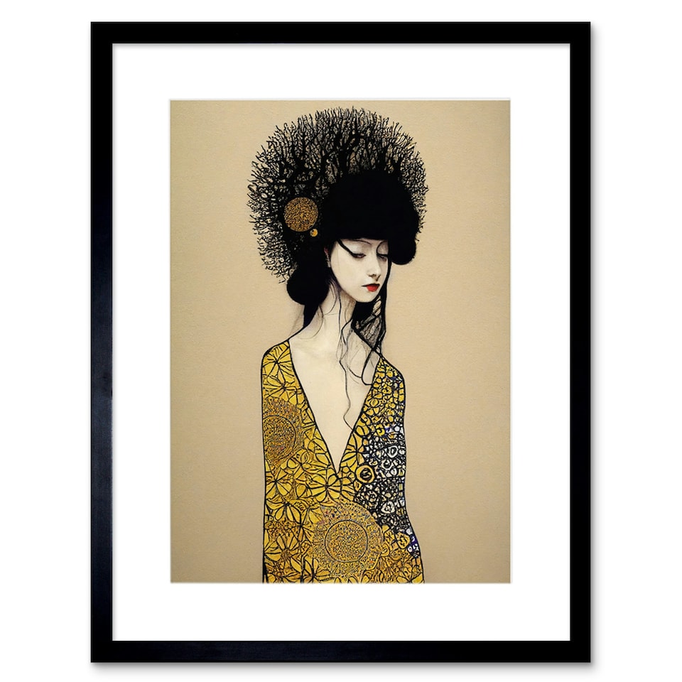 image 1 of Goddess Woman In Gold Black Klimt Style Robe 9x7" Black Framed Wall Art Print