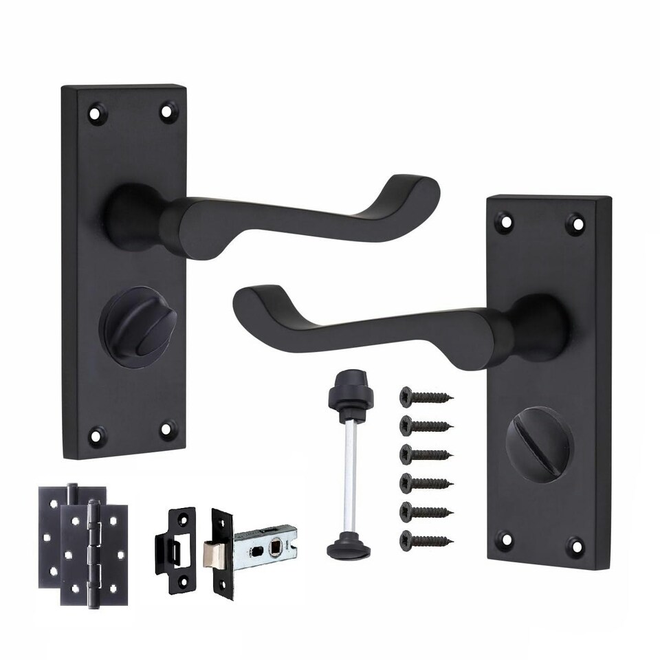 image 1 of Golden Grace Victorian Scroll Privacy Door Handle in Matt Black Finish with 3" Ball Bearing Hinges & 2.5" Tubular Latch - 120mm x 40mm Backplate Black