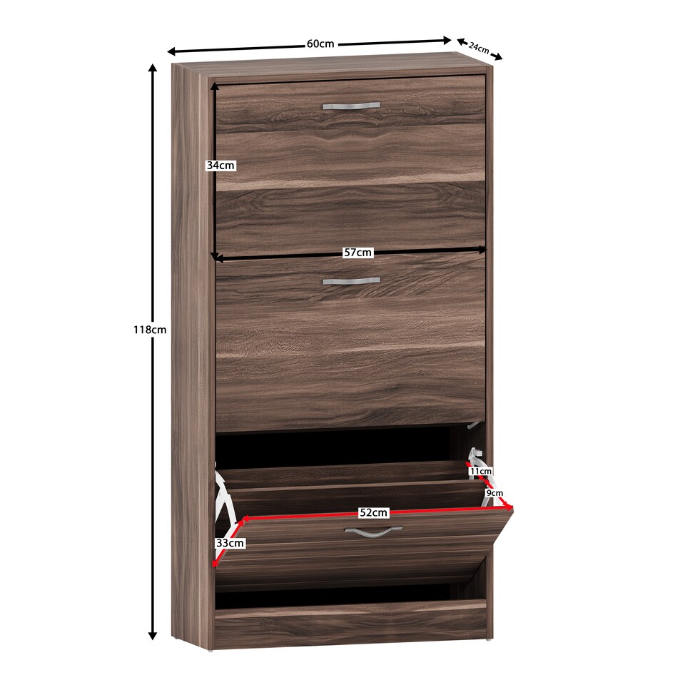 image 1 of Vida Designs 3 Drawer Shoe Cabinet Shoe Rack Storage Cupboard, Walnut