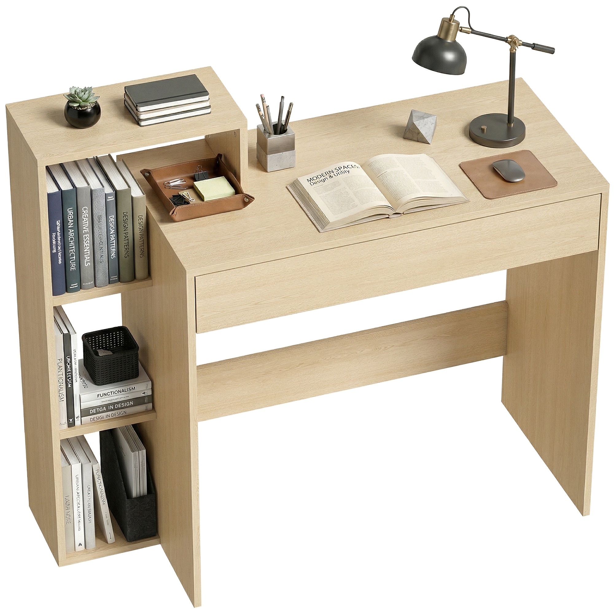 Homcom Computer Desk With 3 Open Shelves And Drawer, Natural