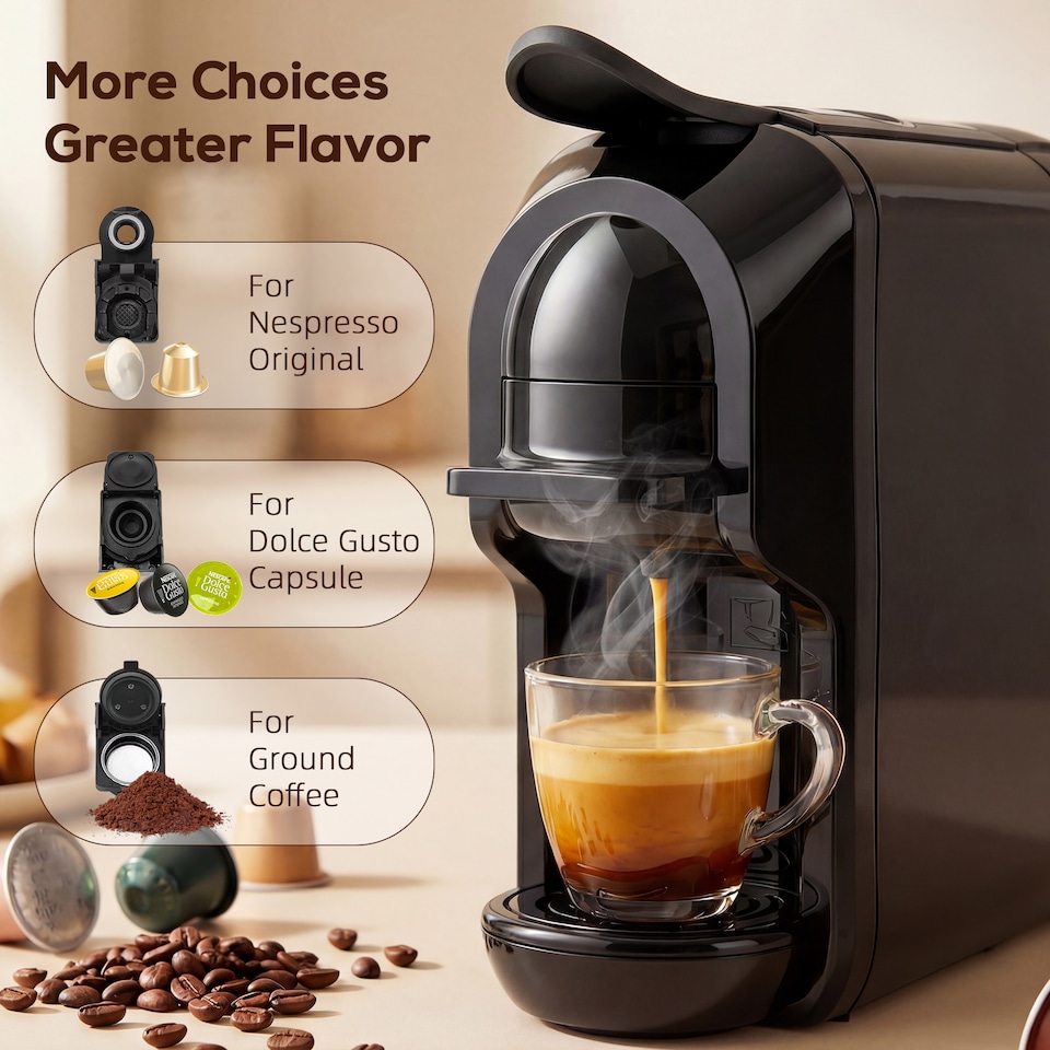 image 1 of HOMCOM Pod Coffee Machine for Nespresso and Dolce Gusto Capsule, 19 Bar | Black | Black | 11.5W x 27.3D x 26.2H cm