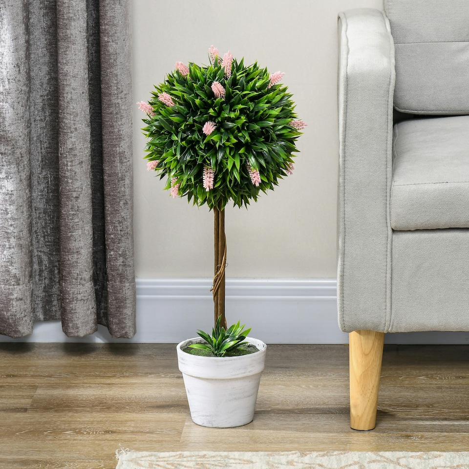 image 1 of HOMCOM Set of 2 Potted Artificial Plants Ball Tree with Flowers, Pink