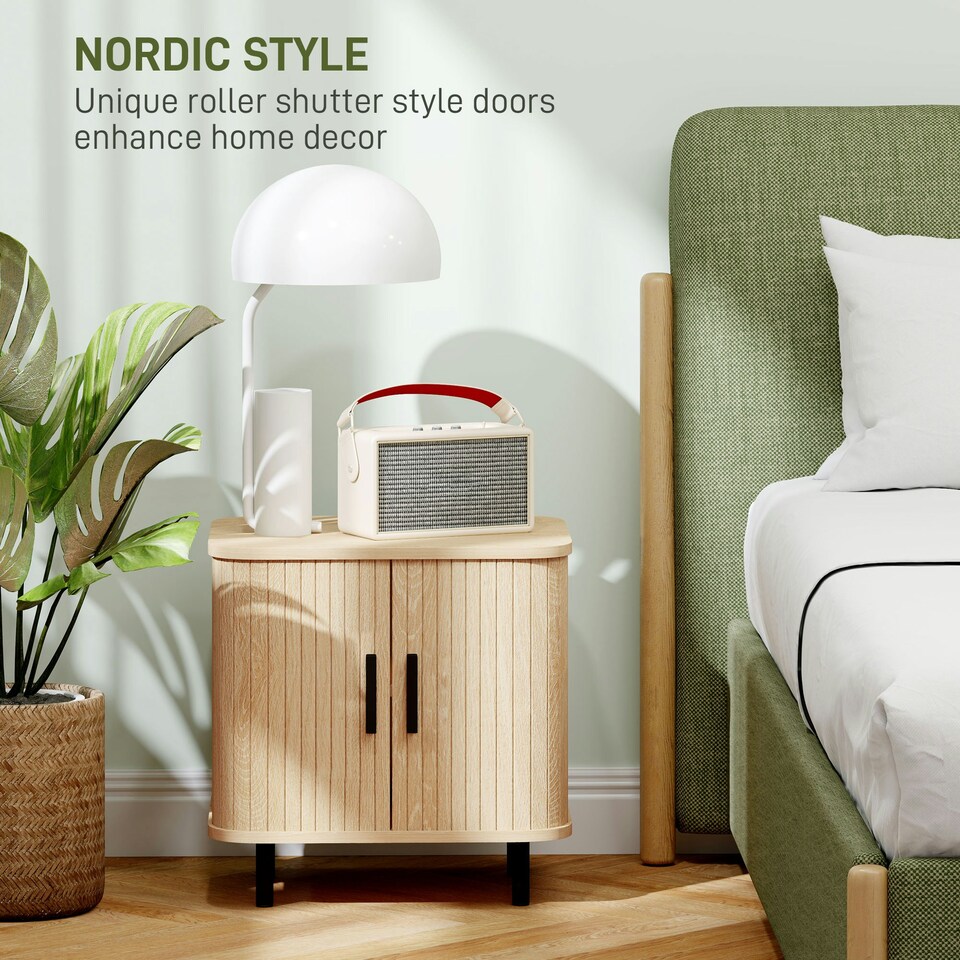 image 1 of HOMCOM Nightstand with Sliding Doors and Metal Legs for Bedroom Oak Tone