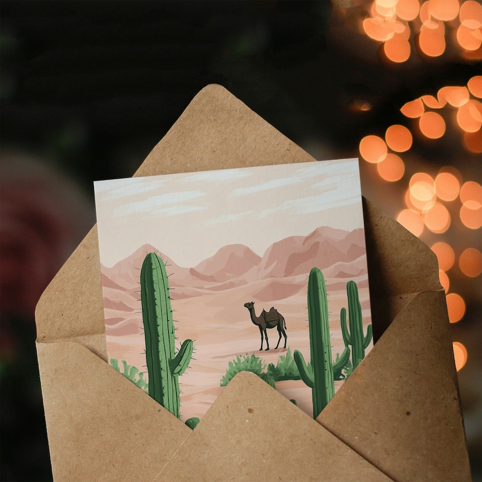 image 1 of Camel in Pastel Pink Desert Sand Dunes and Cacti Birthday Greeting Card