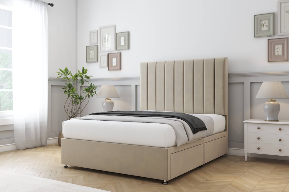 image 1 of Sloomy Kansas Almond Coniston Divan Bed Base 2 Drawers Foot-End With 54 Inch Floor Standing Headboard | Cream | Almond | Super King | 1
