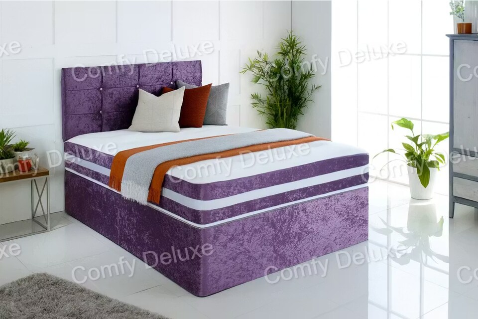 image 1 of 4ft Small Double Purple Crushed Velvet Divan Bed Set Orthopaedic Mattress with Cube Headboard 4 Drawers
