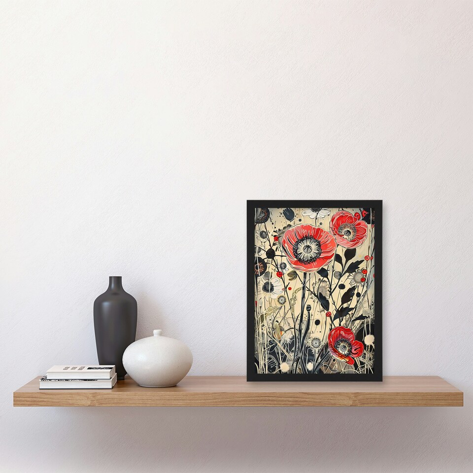 image 1 of Wildflower Field Spring Poppy Flowers Living Room Black Framed Wall Art Print A4