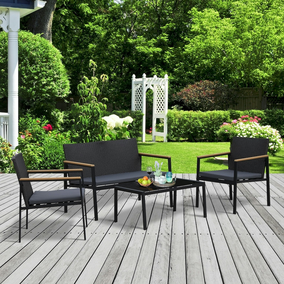 image 1 of Outsunny 4-Piece Cushioned Outdoor Rattan Wicker Chair and Loveseat Furniture