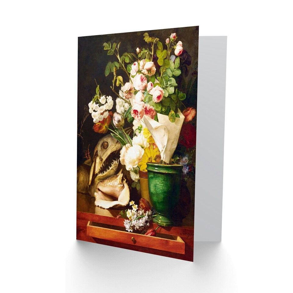 image 1 of Still Life Memento Mori Berjon Flowers Shells Head Shark Art Card