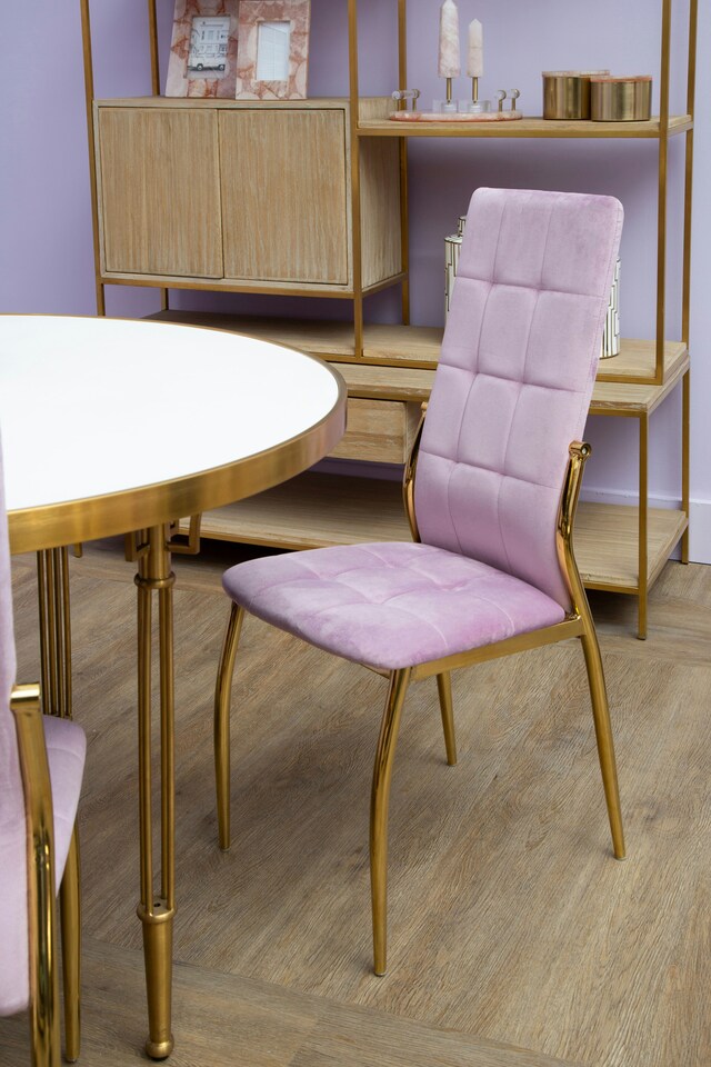 image 1 of Orsina Pink Velvet Dining Chair, Modern Dining Accent Chair, Pink & Gold Velvet Upholstered Dining Chair for Home