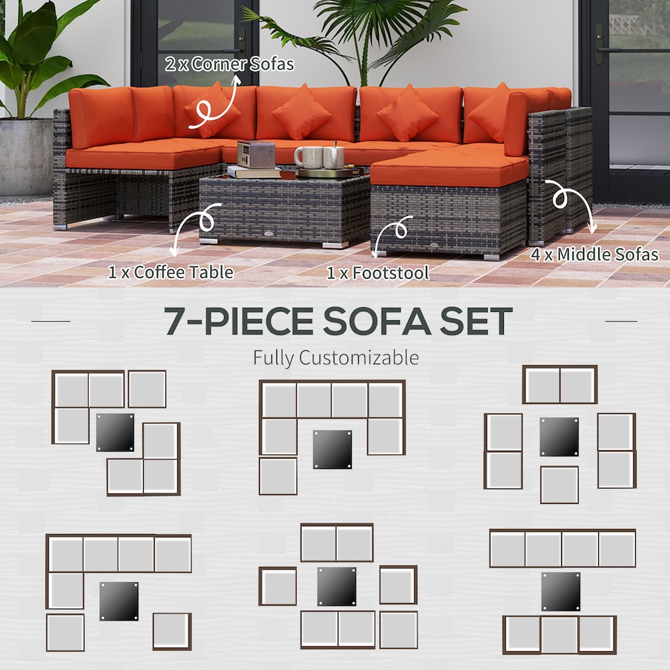 image 1 of Outsunny 8 Pieces PE Rattan Corner Sofa Set, Outdoor Garden Furniture Set, Patio Wicker Sofa Seater Cushion, Washable Cushion Cover & Tempered Glass Table, Orange