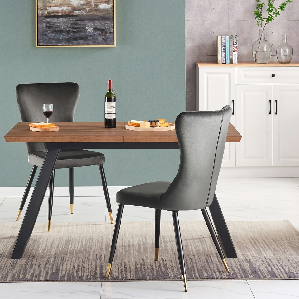 image 1 of Set of 4 New York Modern Velvet Dining Chairs with High Back, Black Metal Legs | Grey | Gold End Tips