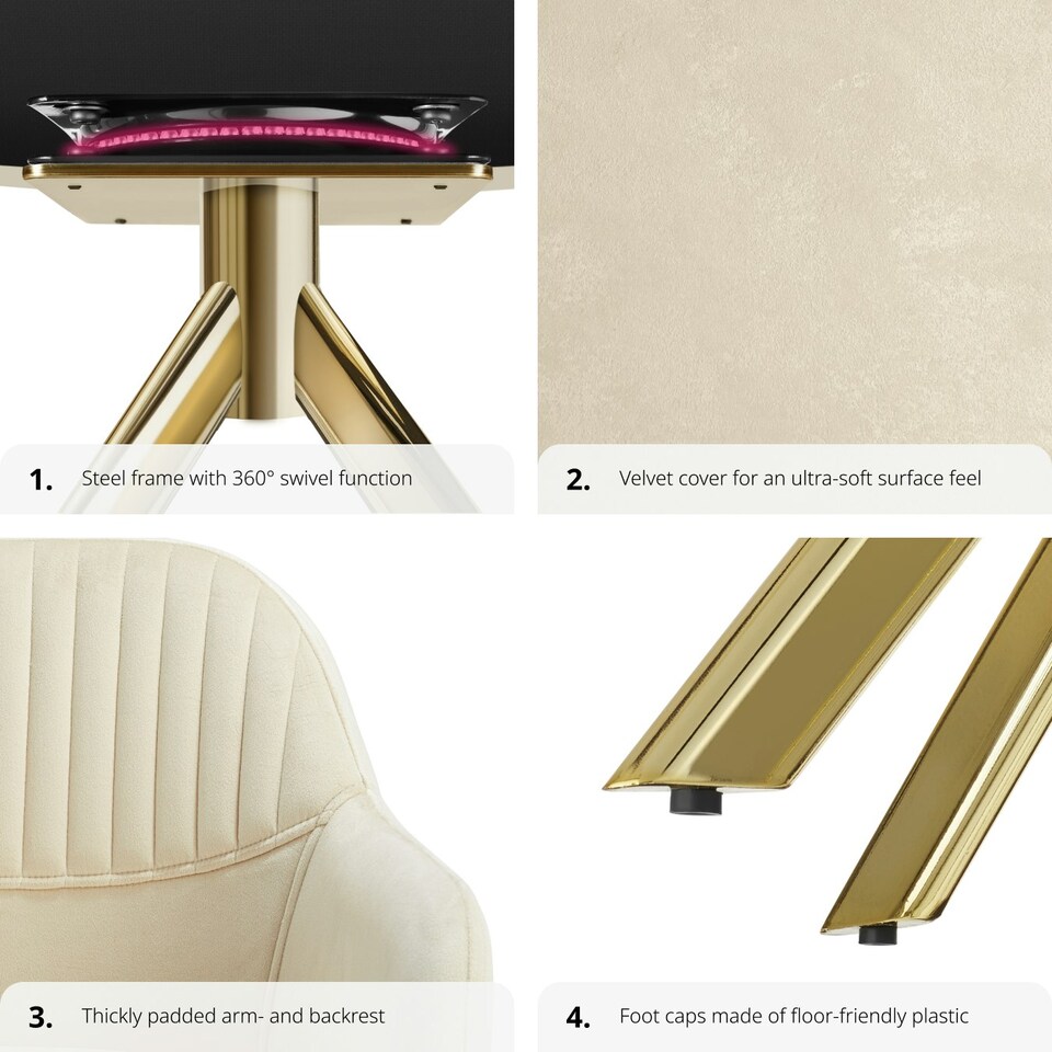 image 1 of Lounge Armchair Living Room Accent Chair 360 Swivel Slim Steel Legs Velvet Fabric - Set of 4 Cream | Cream/Gold