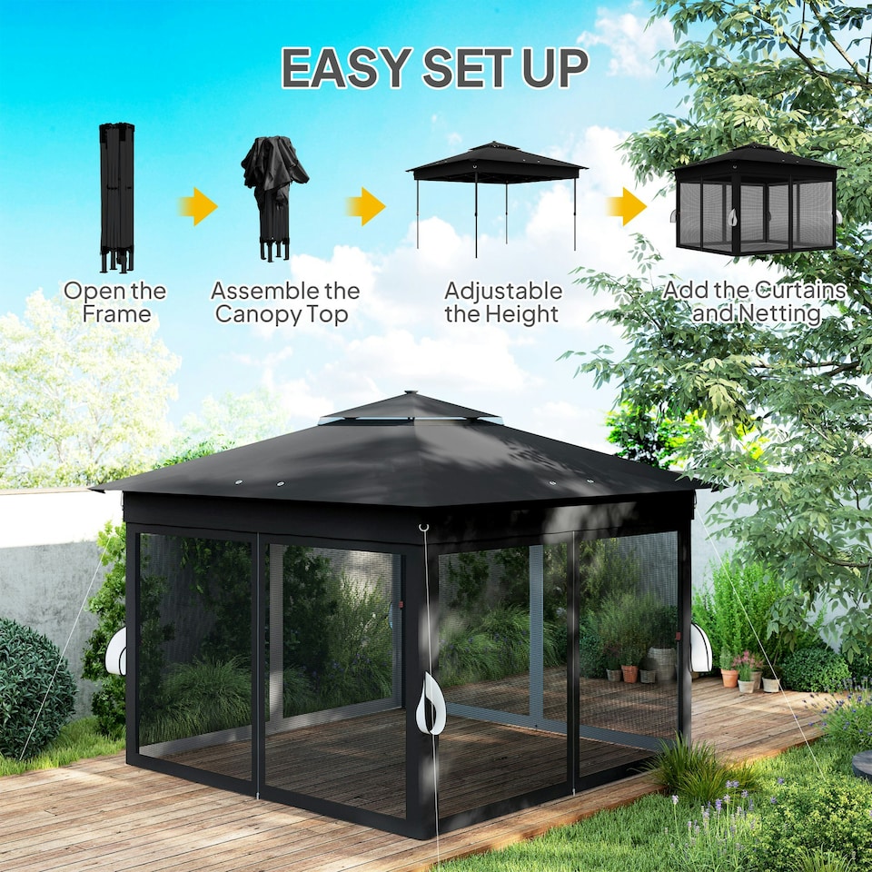 image 1 of Outsunny 3x3(m) Pop Up Gazebo w/ Solar-Powered LED Lights Netting Black