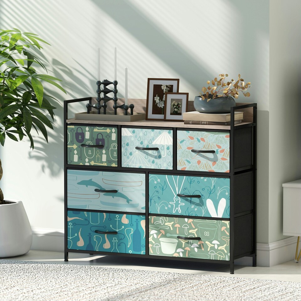 image 1 of HOMCOM 7-Drawer Chest of Drawers, Fabric Dresser with Open Shelf, Blue | Blue | Black frame, Brown wood-effect top | One Size | 1