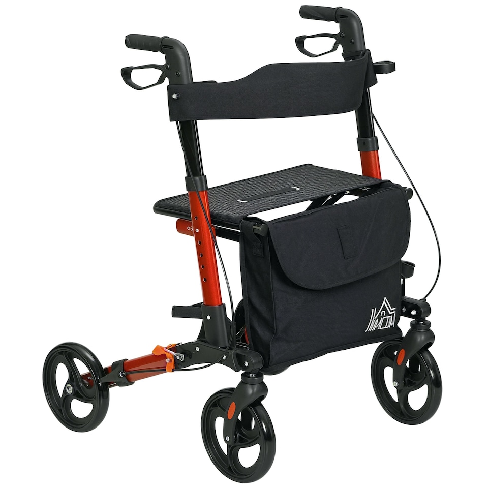 image 1 of HOMCOM 4 Wheel Rollator Walker, Adjustable Mobility Walker with Bag, Red