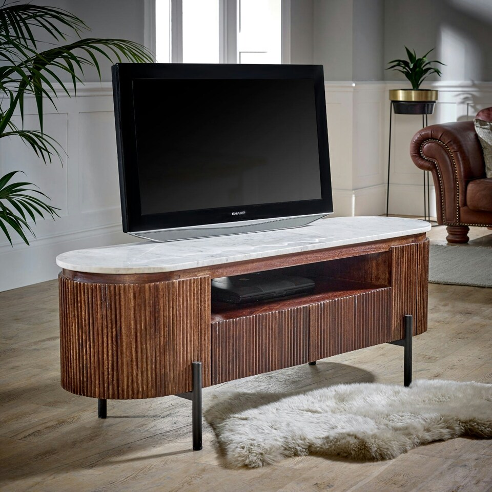 image 1 of Miel Mango Wood Tv Cabinet With Marble Top and Metal Legs Brown
