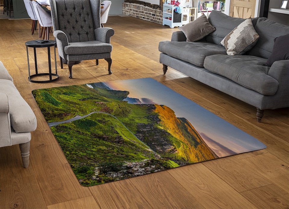 image 1 of Panorama Of Quiraing Mountains Sunset At Isle Of Skye, Scottish Highlands Designer Rug | Multi