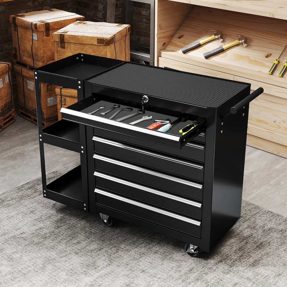 image 1 of HOMCOM 7 Drawer Lockable Steel Tool Chest on Wheels for Workshop, Black