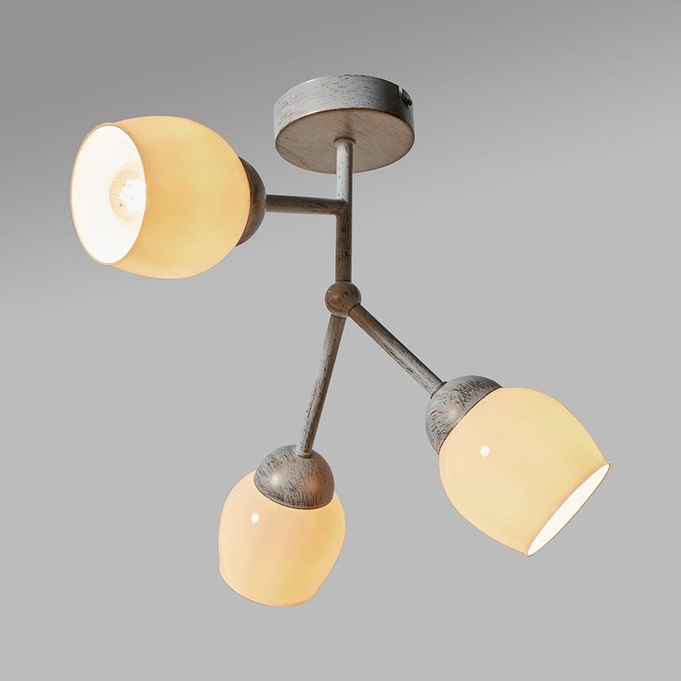 image 1 of ValueLights Kenton Aged Metal Effect 3 Way Ceiling Light White Glass Shades and Bulbs