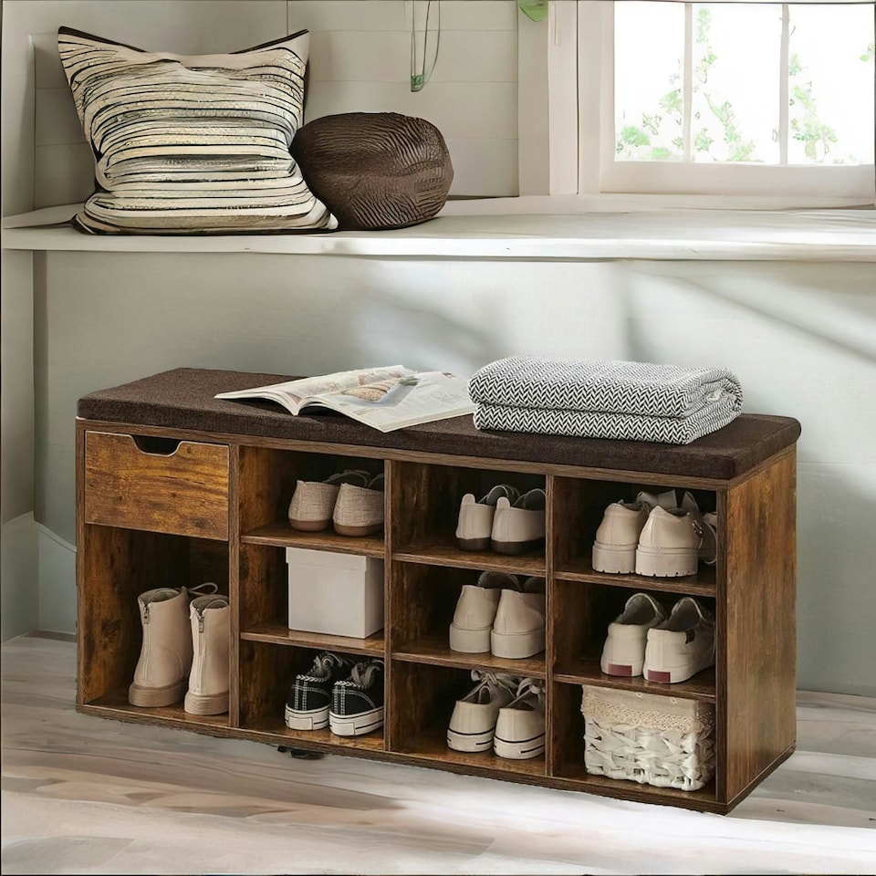 image 1 of 10 Compartment Shoe Storage Bench Industrial Rustic Brown Brown